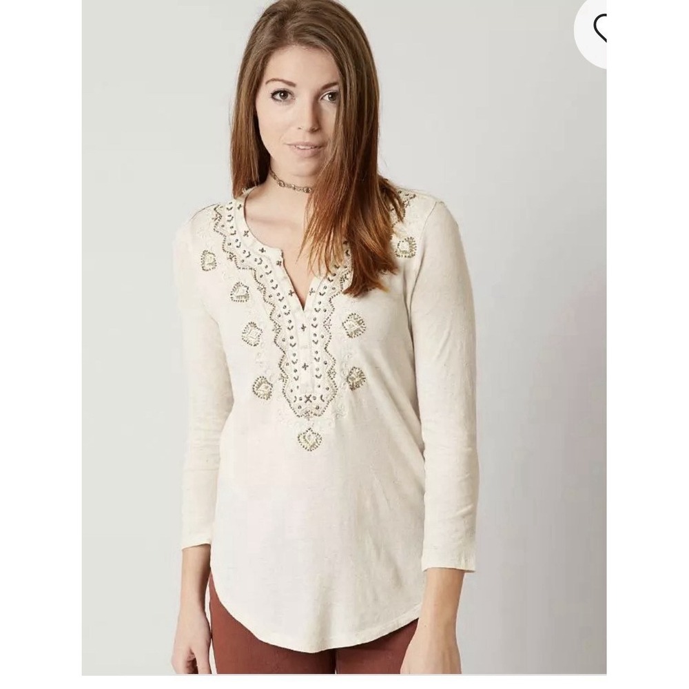 Lucky Brand Womens Top Size XL‎ Embroidered BohoTunic Beaded Blouse Shirt V Neck